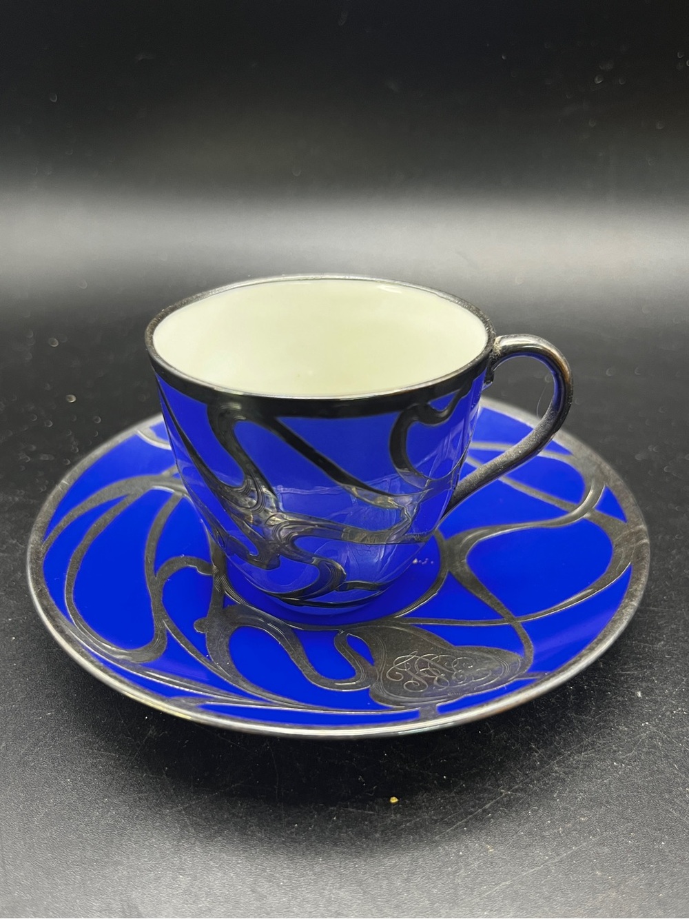 Antique Lenox Cobalt Blue Sterling Silver Overlay Demitasse Cup & Saucer 1910’s
